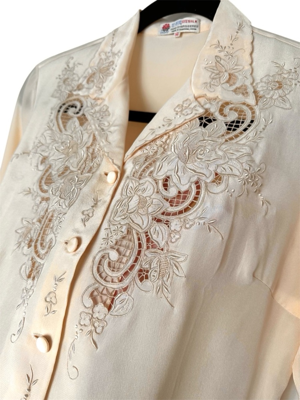 Vintage 100% Silk Embroidered Lace Cutout Blouse Feminine Prairiecore Romantic - Picture 10 of 12